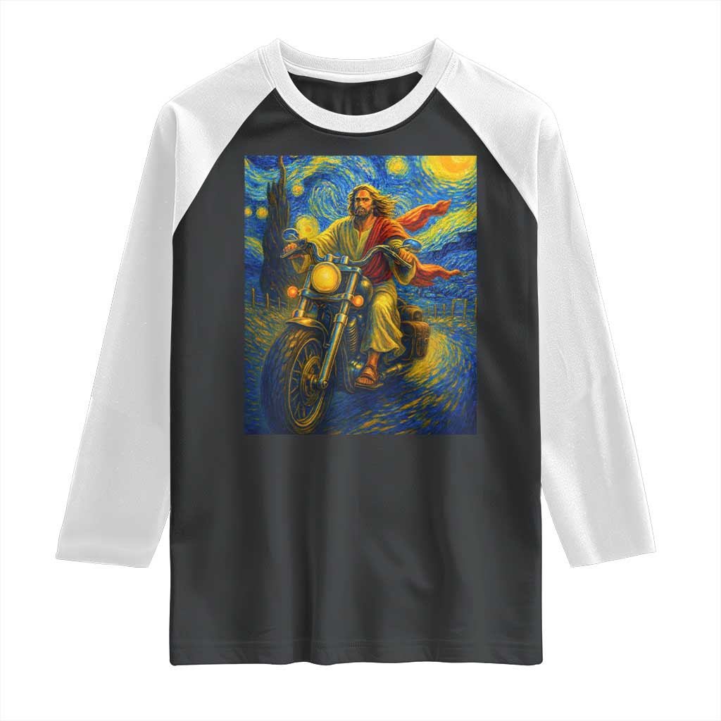 Jesus Christian Motorcycle Starry Night Van Gogh Raglan Shirt - Wonder Print Shop