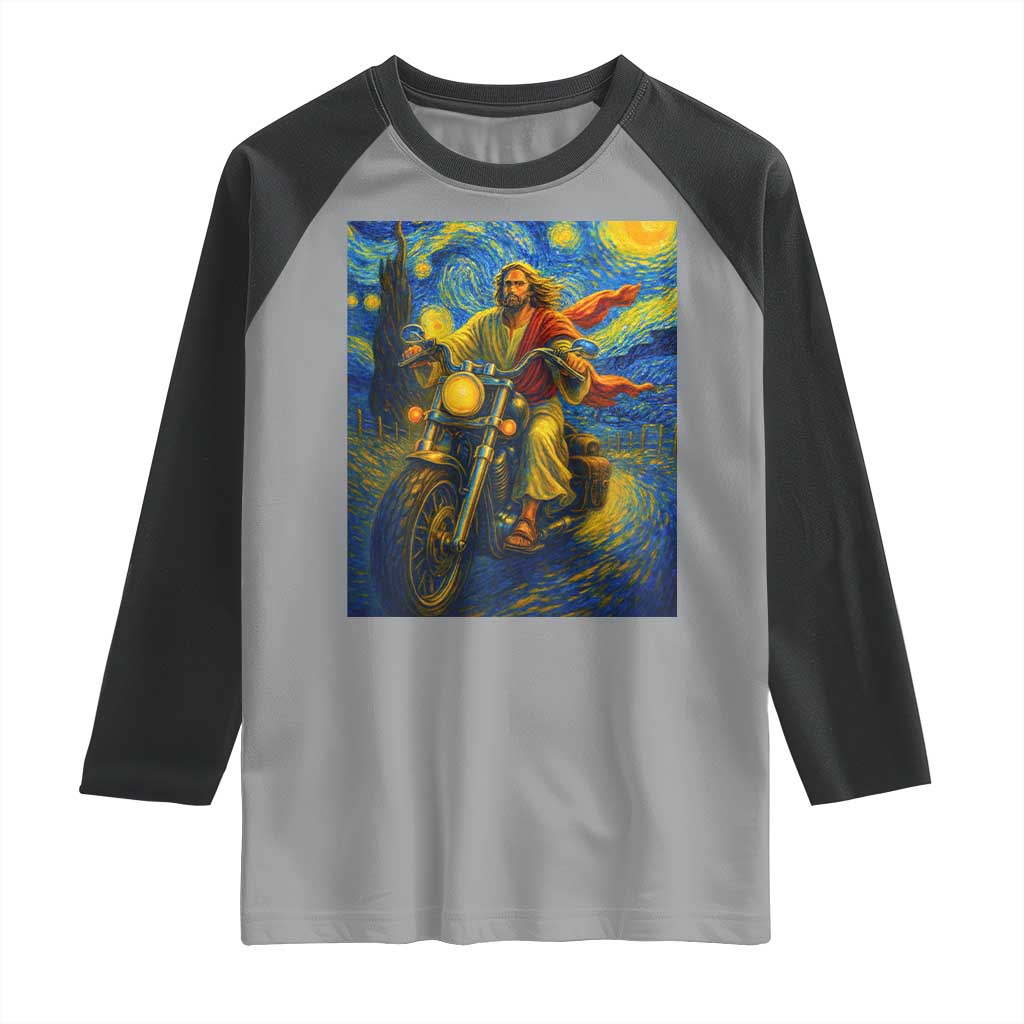 Jesus Christian Motorcycle Starry Night Van Gogh Raglan Shirt - Wonder Print Shop