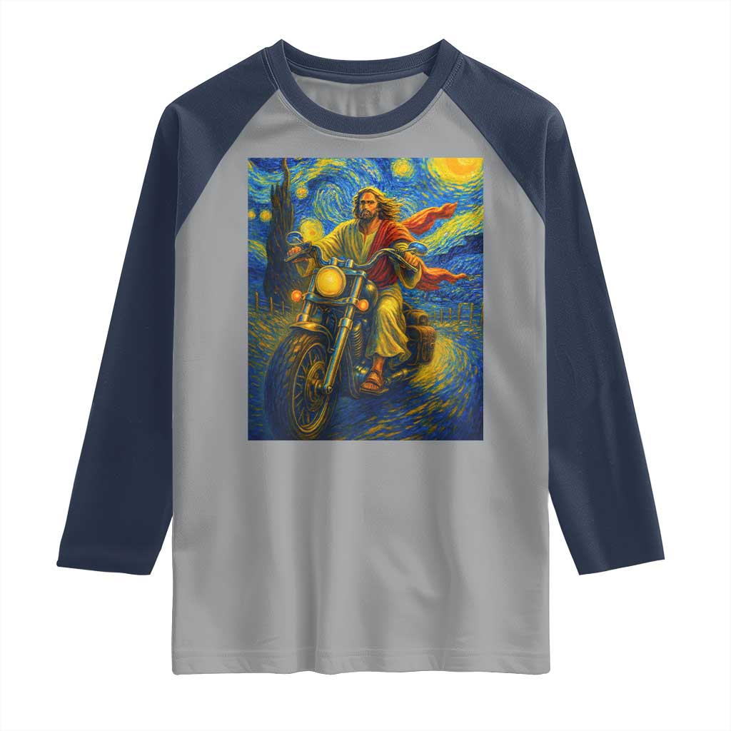 Jesus Christian Motorcycle Starry Night Van Gogh Raglan Shirt - Wonder Print Shop