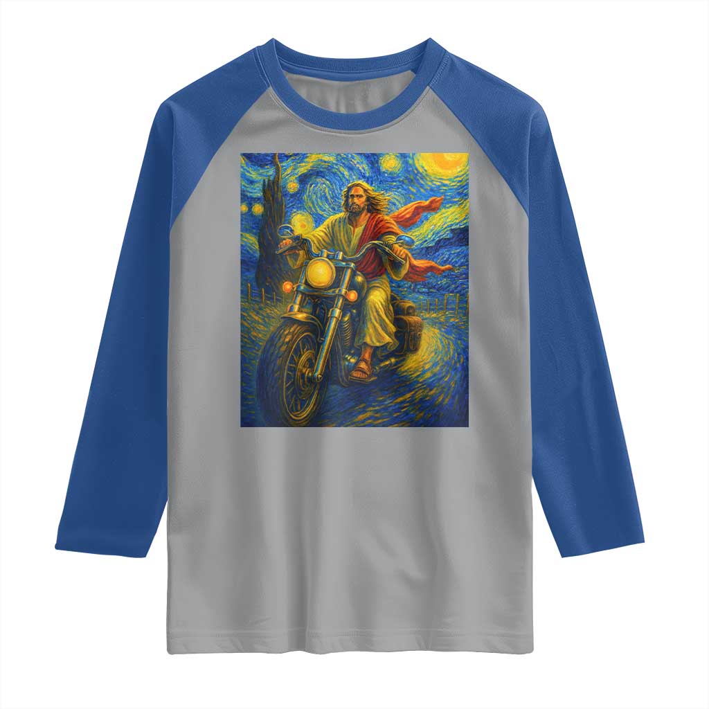 Jesus Christian Motorcycle Starry Night Van Gogh Raglan Shirt - Wonder Print Shop