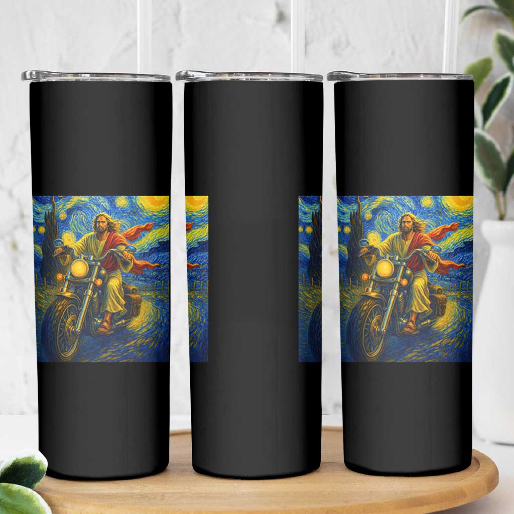 Jesus Christian Motorcycle Starry Night Van Gogh Skinny Tumbler