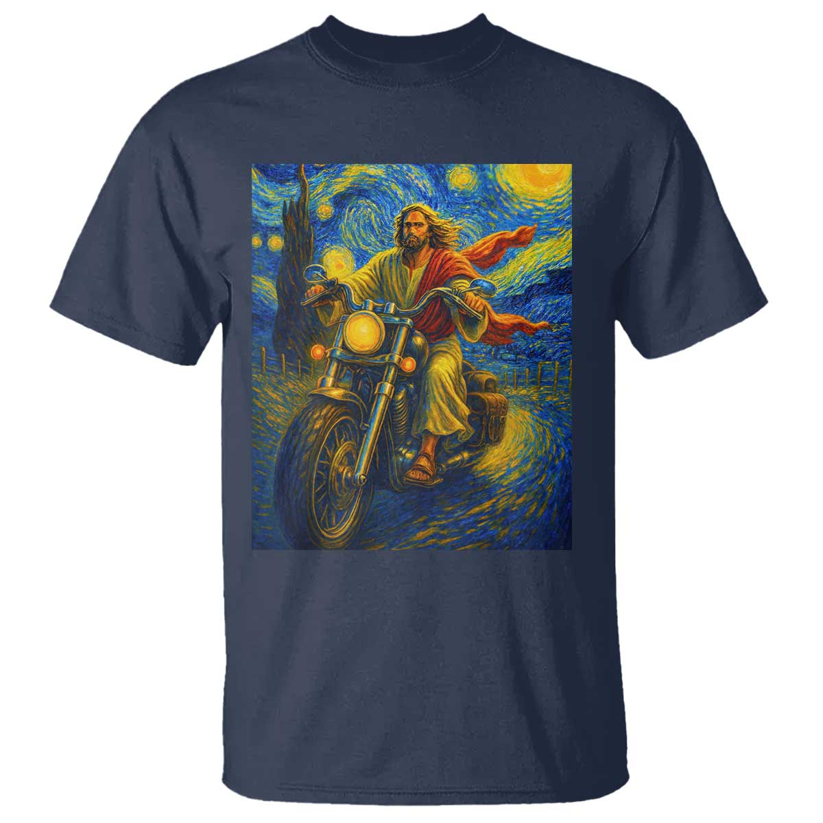 Jesus Christian Motorcycle Starry Night Van Gogh T Shirt - Wonder Print Shop