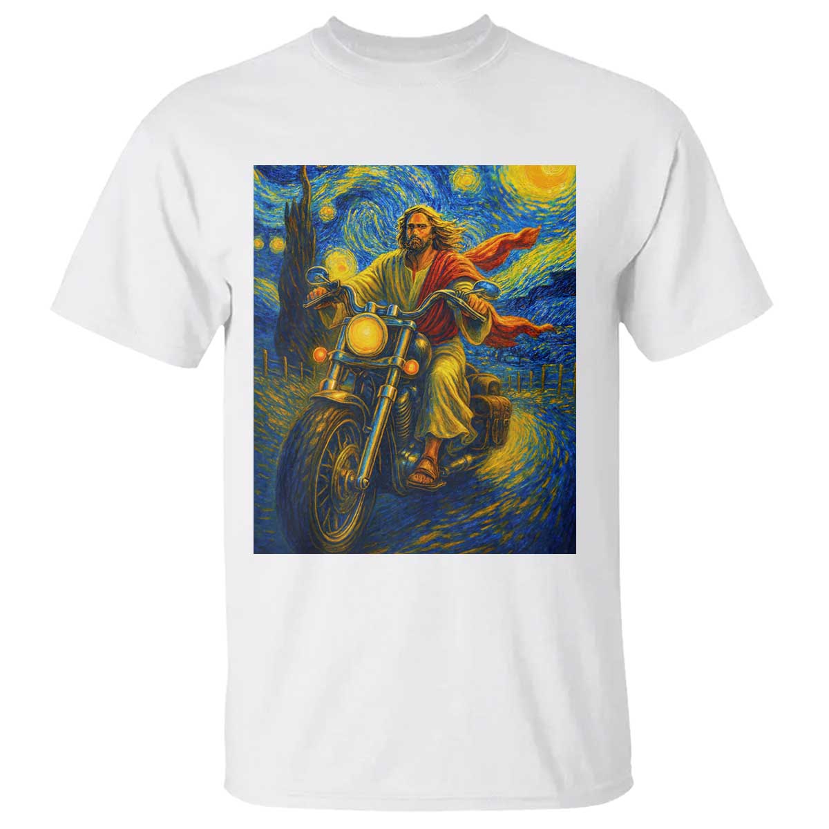 Jesus Christian Motorcycle Starry Night Van Gogh T Shirt - Wonder Print Shop