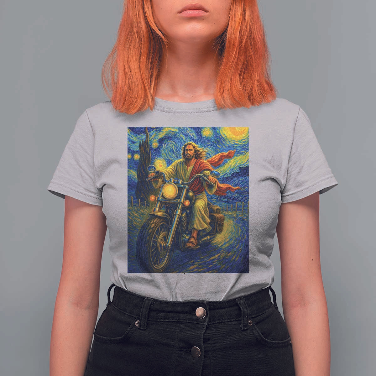 Jesus Christian Motorcycle Starry Night Van Gogh T Shirt For Women - Wonder Print Shop