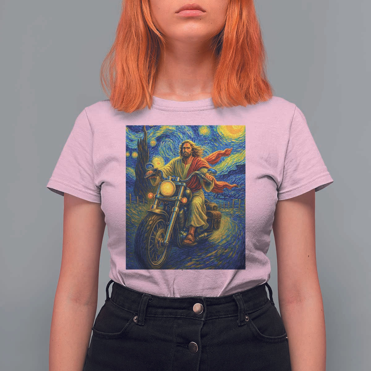 Jesus Christian Motorcycle Starry Night Van Gogh T Shirt For Women - Wonder Print Shop