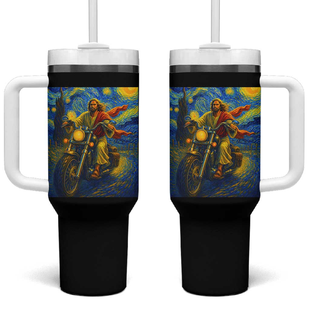 Jesus Christian Motorcycle Starry Night Van Gogh Tumbler With Handle