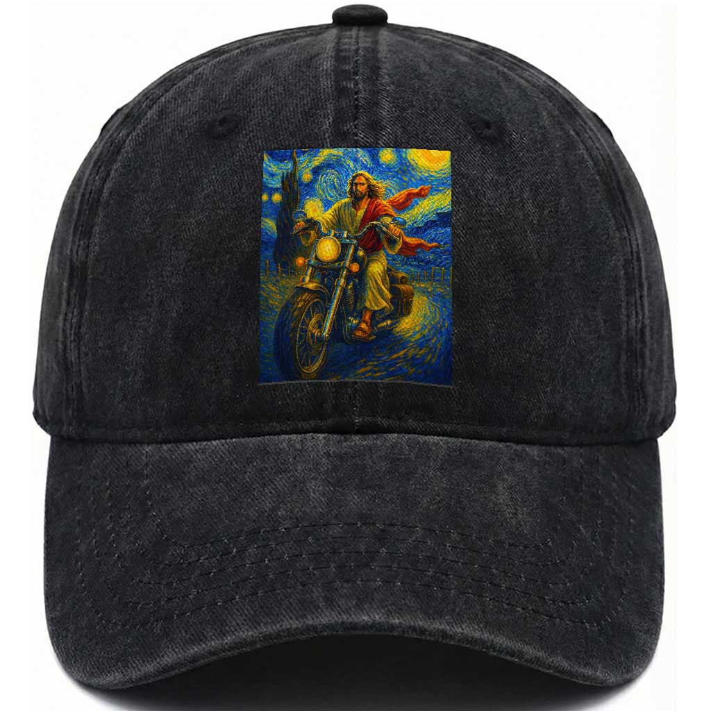Jesus Christian Motorcycle Starry Night Van Gogh Washed Cotton Baseball Cap