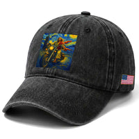 Jesus Christian Motorcycle Starry Night Van Gogh Washed Cotton Baseball Cap