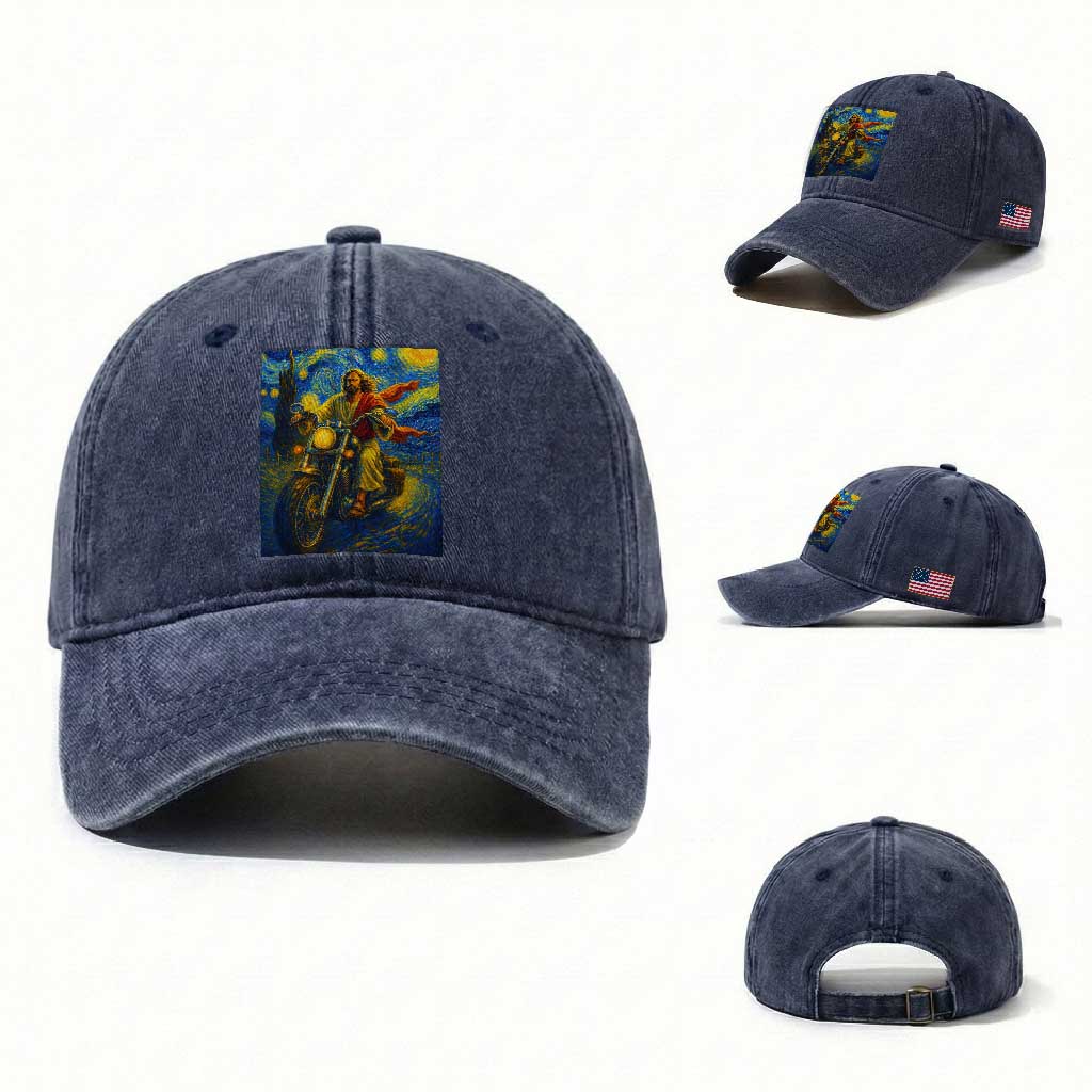Jesus Christian Motorcycle Starry Night Van Gogh Washed Cotton Baseball Cap