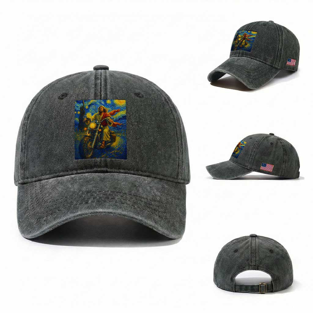 Jesus Christian Motorcycle Starry Night Van Gogh Washed Cotton Baseball Cap