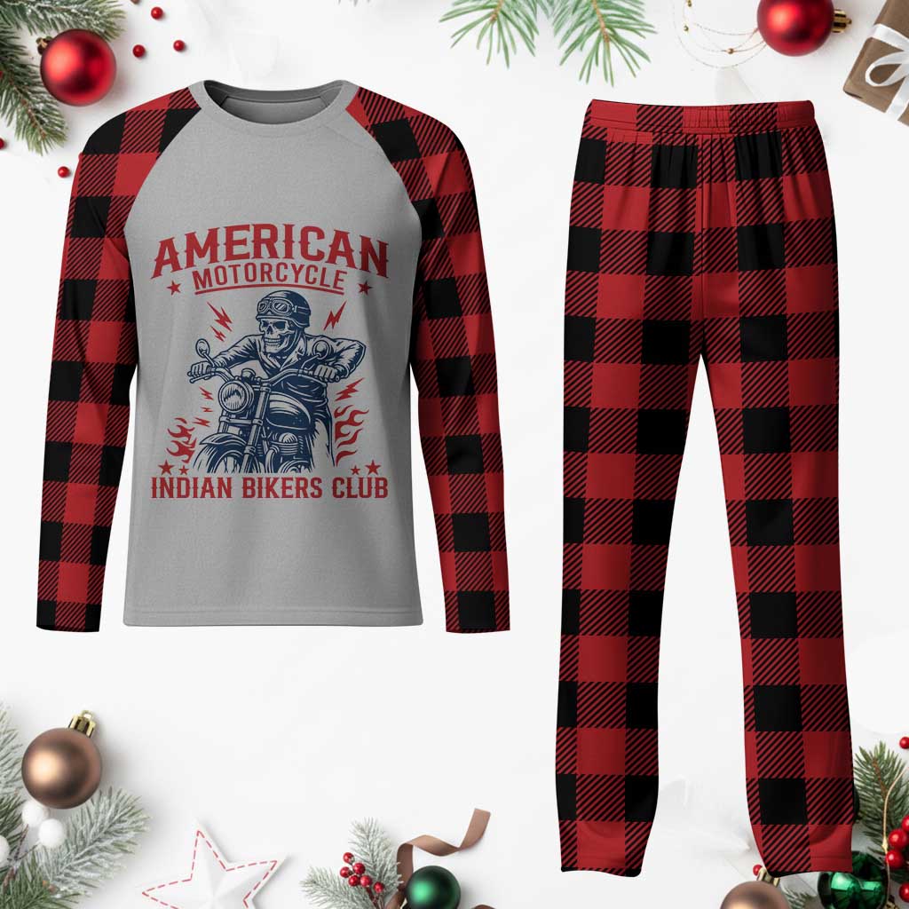 Funny Skeleton Motorcycle Plaid Pajama Set American Motorcycle Indian Bikers Club - Wonder Print Shop