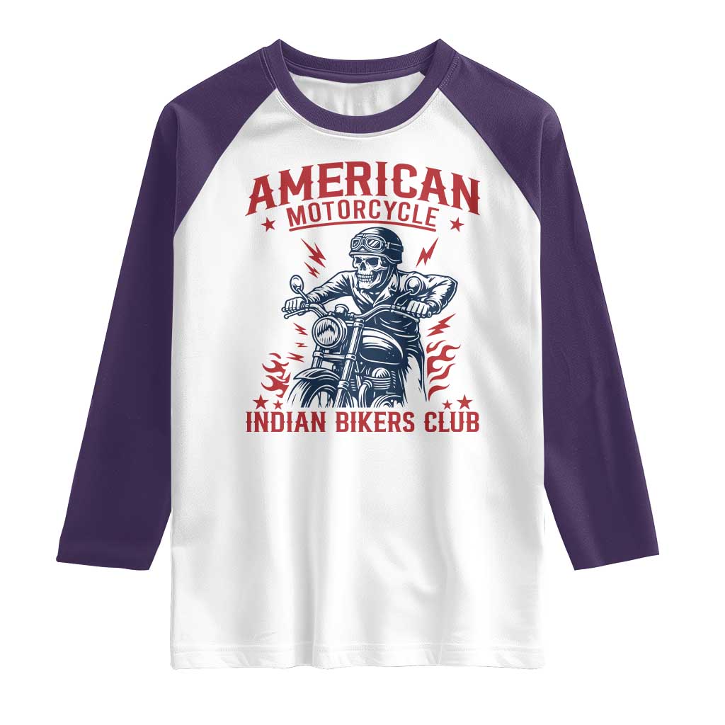 Funny Skeleton Motorcycle Raglan Shirt American Motorcycle Indian Bikers Club - Wonder Print Shop