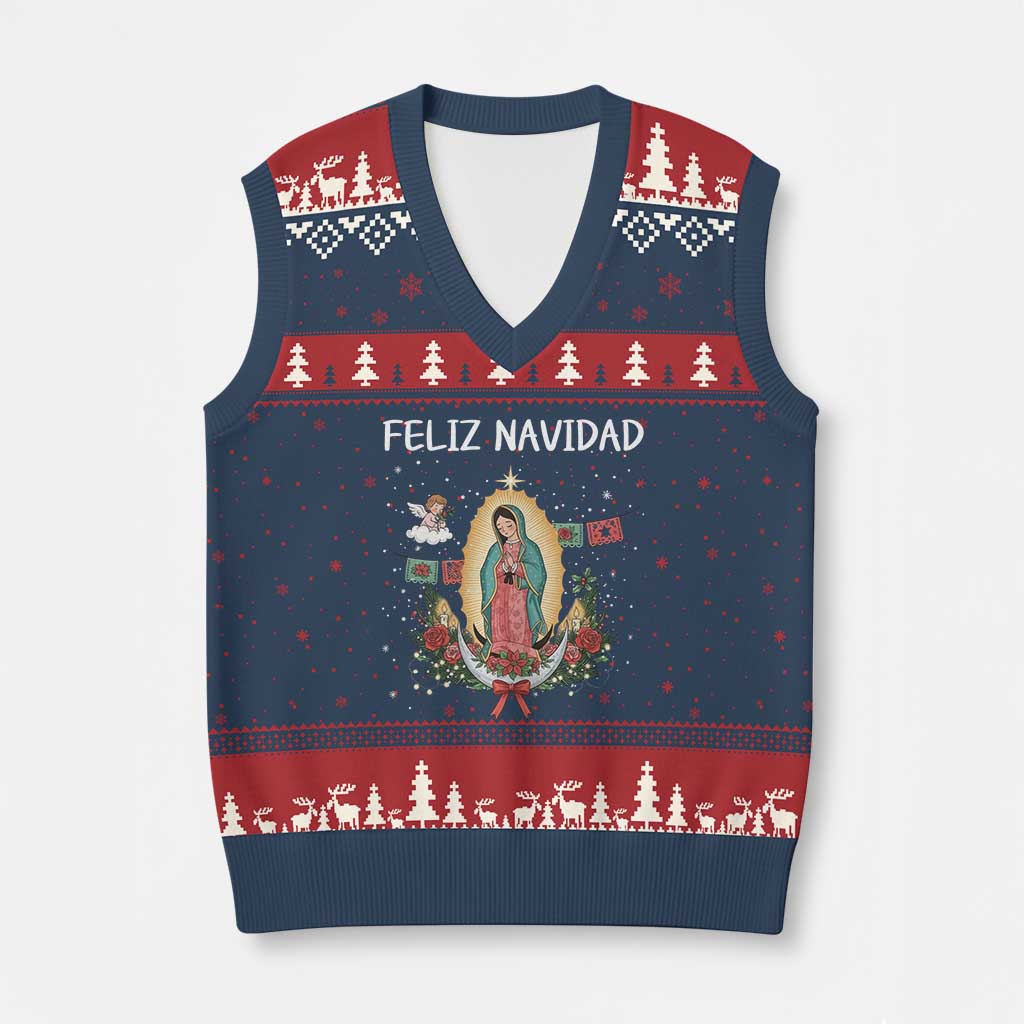 Our Lady of Guadalupe Xmas V-Neck Knit Sweater Vest Feliz Navidad - Wonder Print Shop