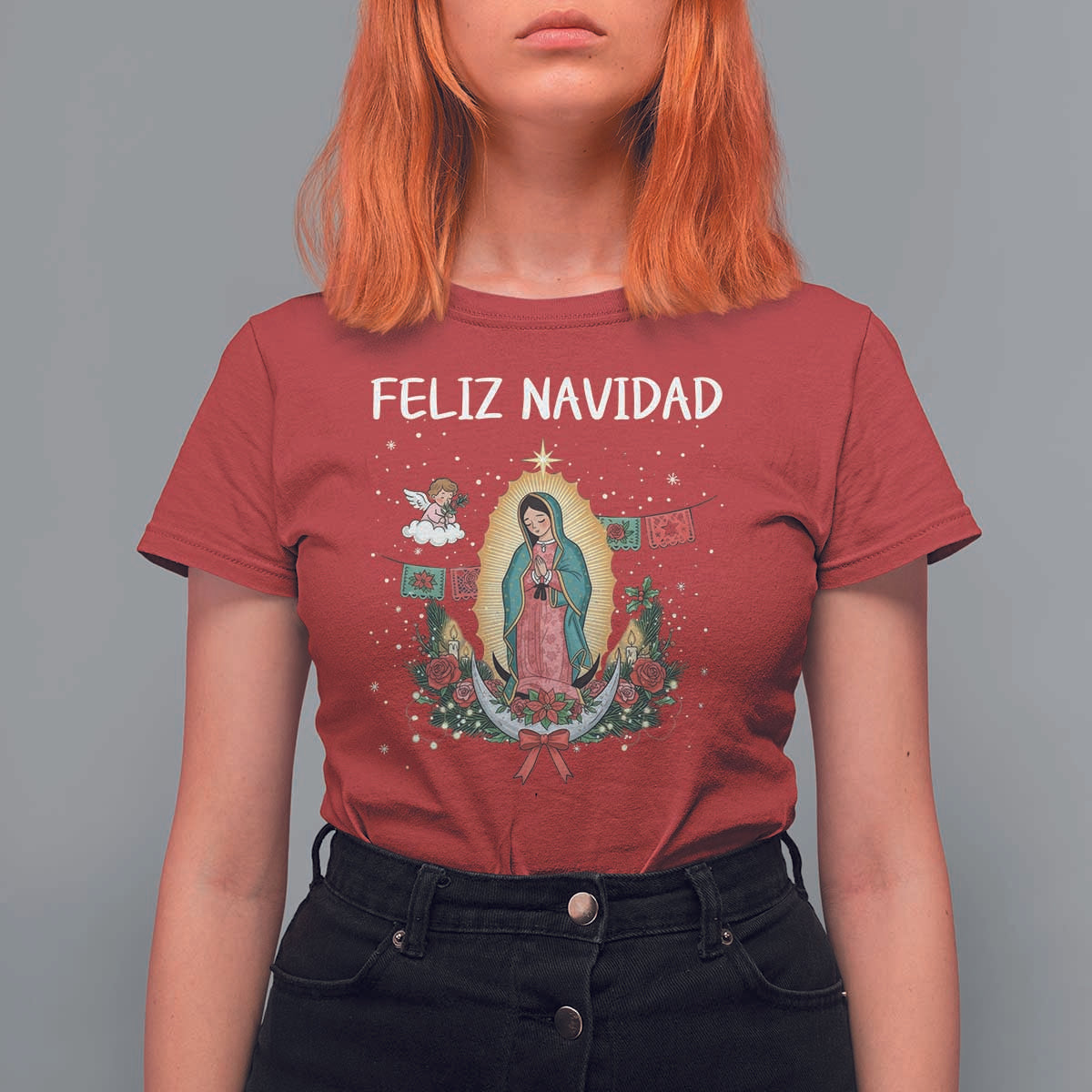 Our Lady of Guadalupe Christmas T Shirt For Women Feliz Navidad - Wonder Print Shop