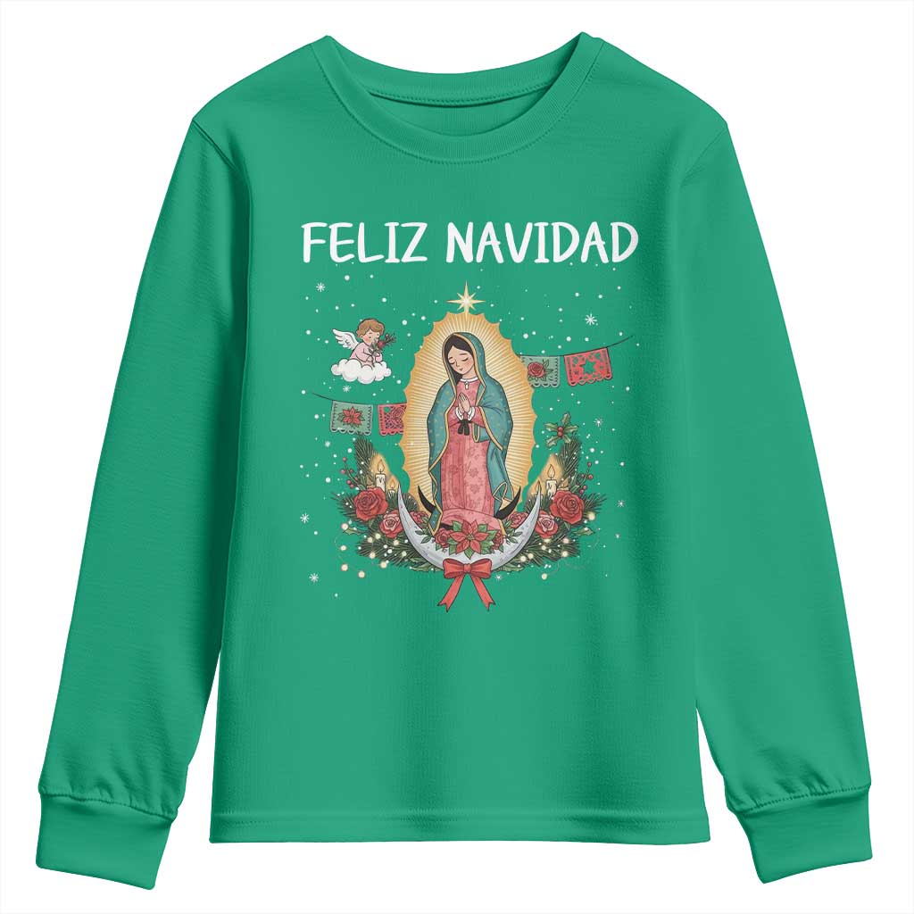 Our Lady of Guadalupe Christmas Youth Sweatshirt Feliz Navidad - Wonder Print Shop