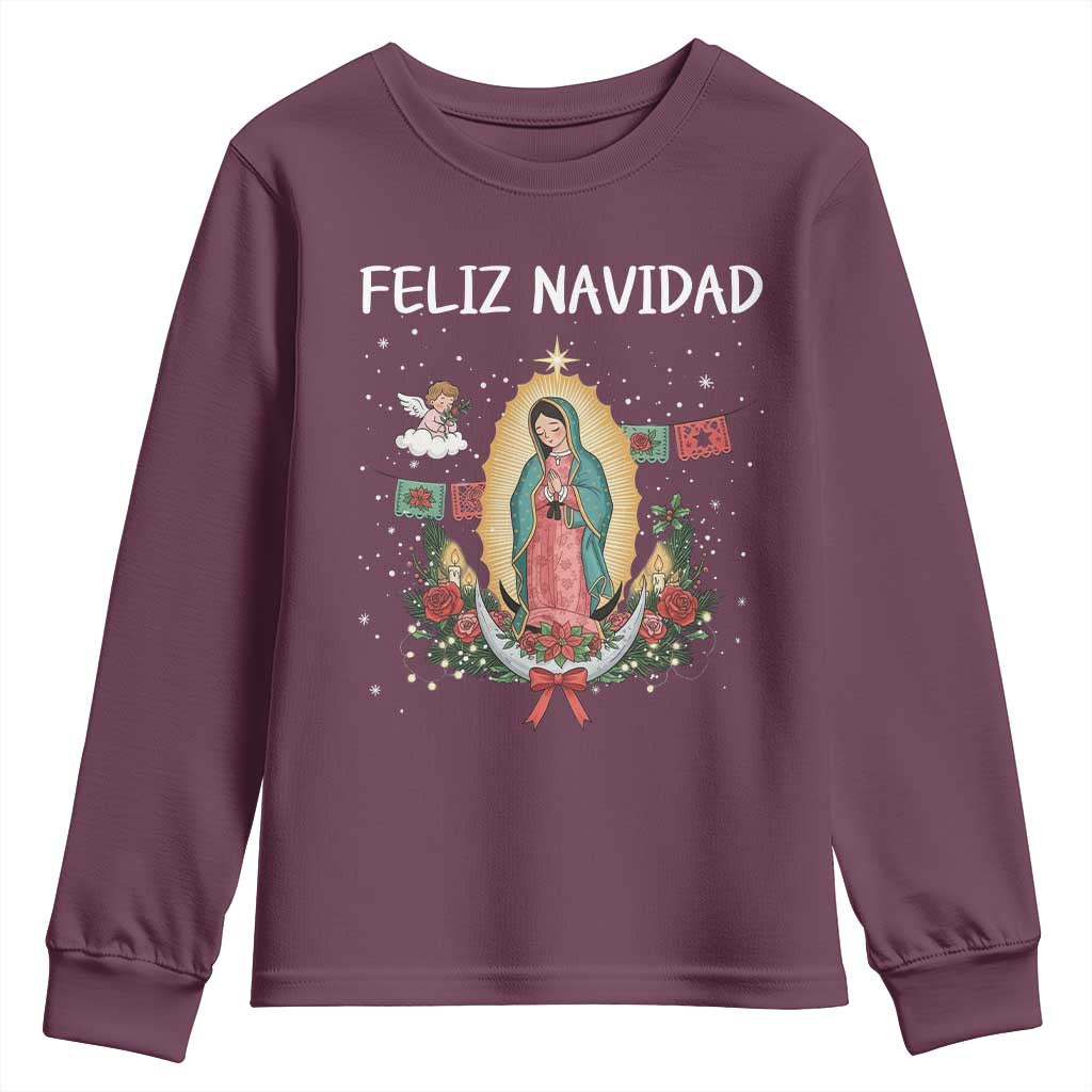 Our Lady of Guadalupe Christmas Youth Sweatshirt Feliz Navidad - Wonder Print Shop
