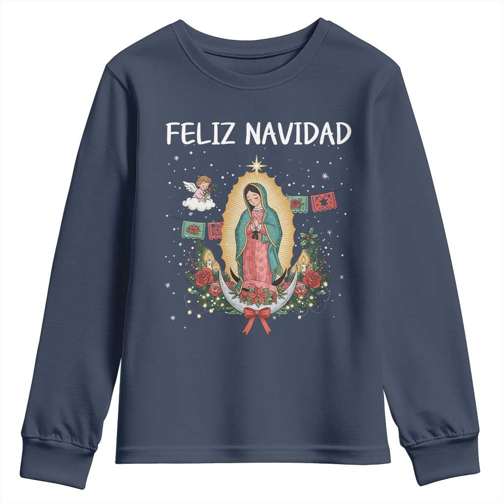 Our Lady of Guadalupe Christmas Youth Sweatshirt Feliz Navidad - Wonder Print Shop