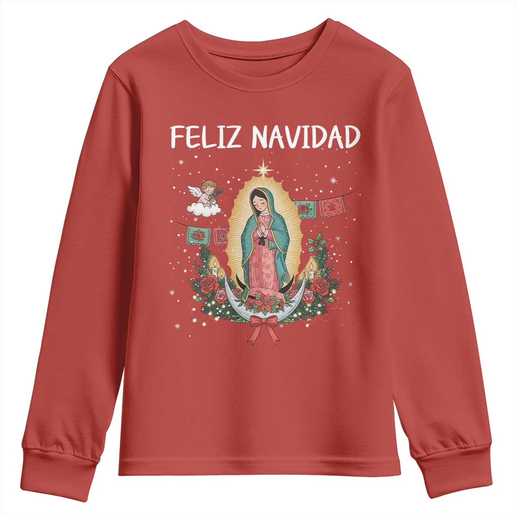 Our Lady of Guadalupe Christmas Youth Sweatshirt Feliz Navidad - Wonder Print Shop