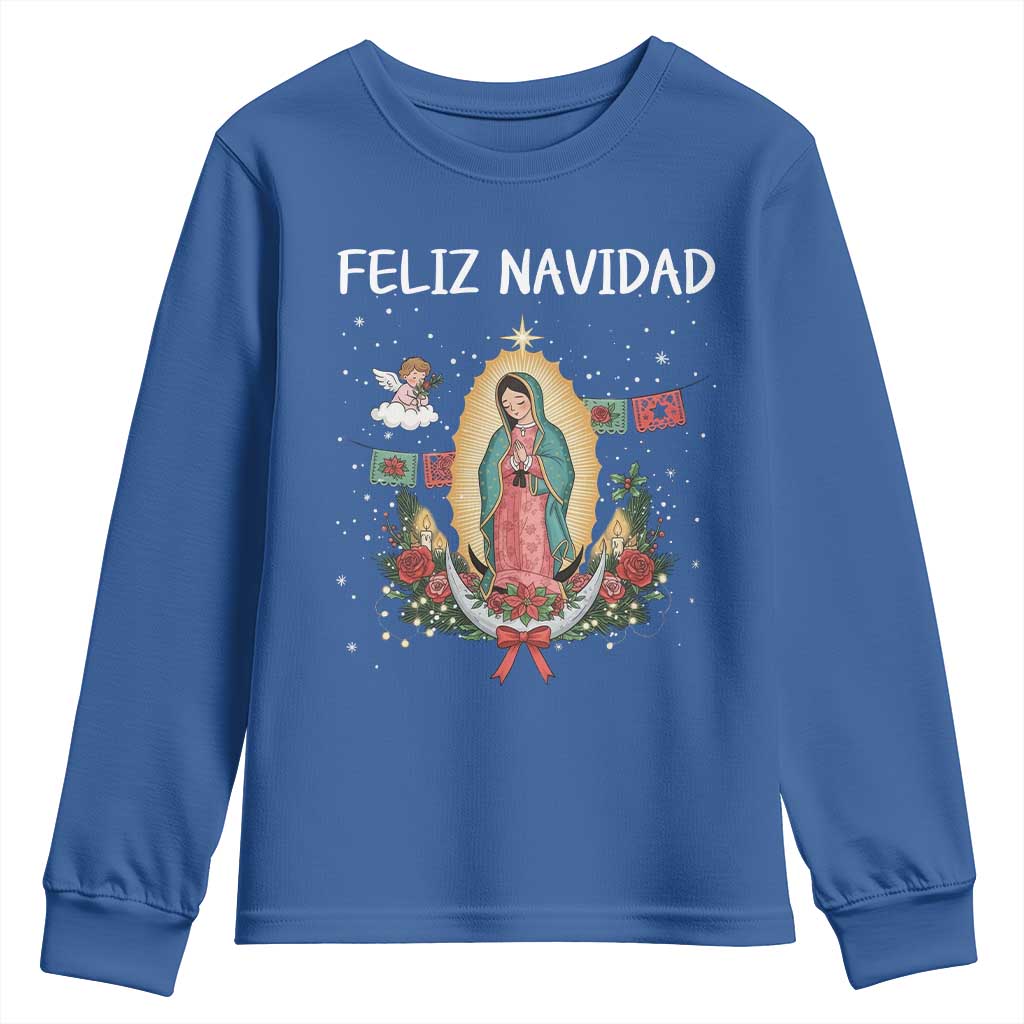 Our Lady of Guadalupe Christmas Youth Sweatshirt Feliz Navidad - Wonder Print Shop