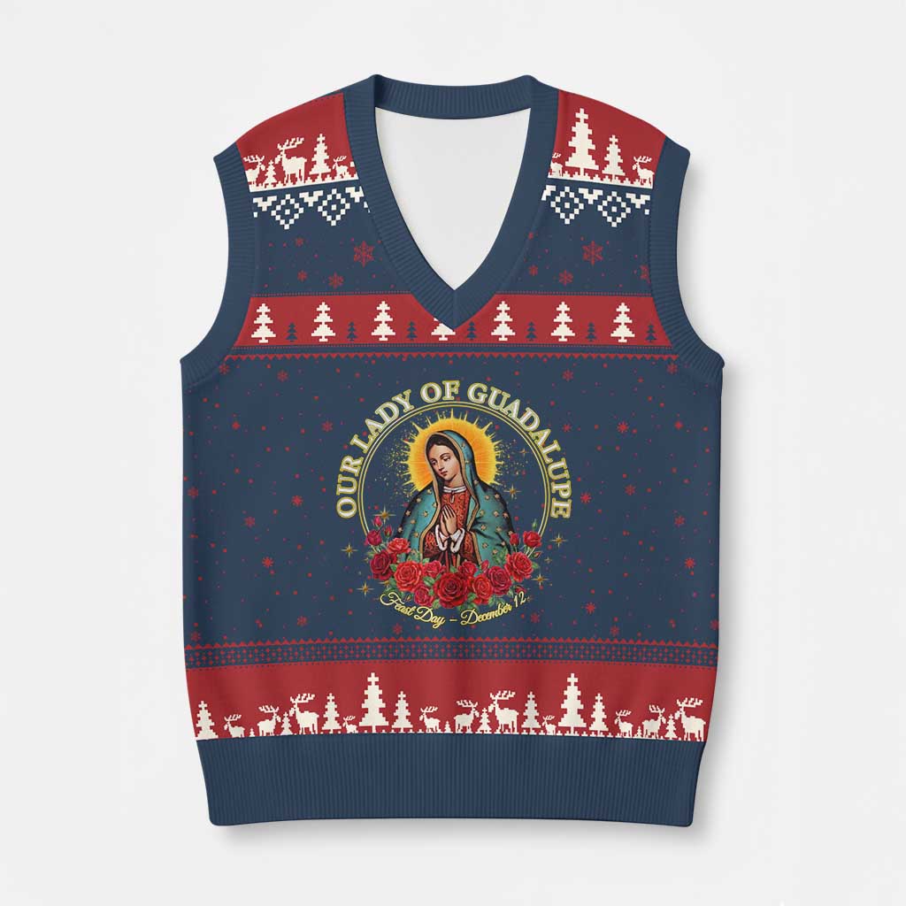 Virgen De Guadalupe Catholic V-Neck Knit Sweater Vest Our Lady Of Guadalupe - Wonder Print Shop
