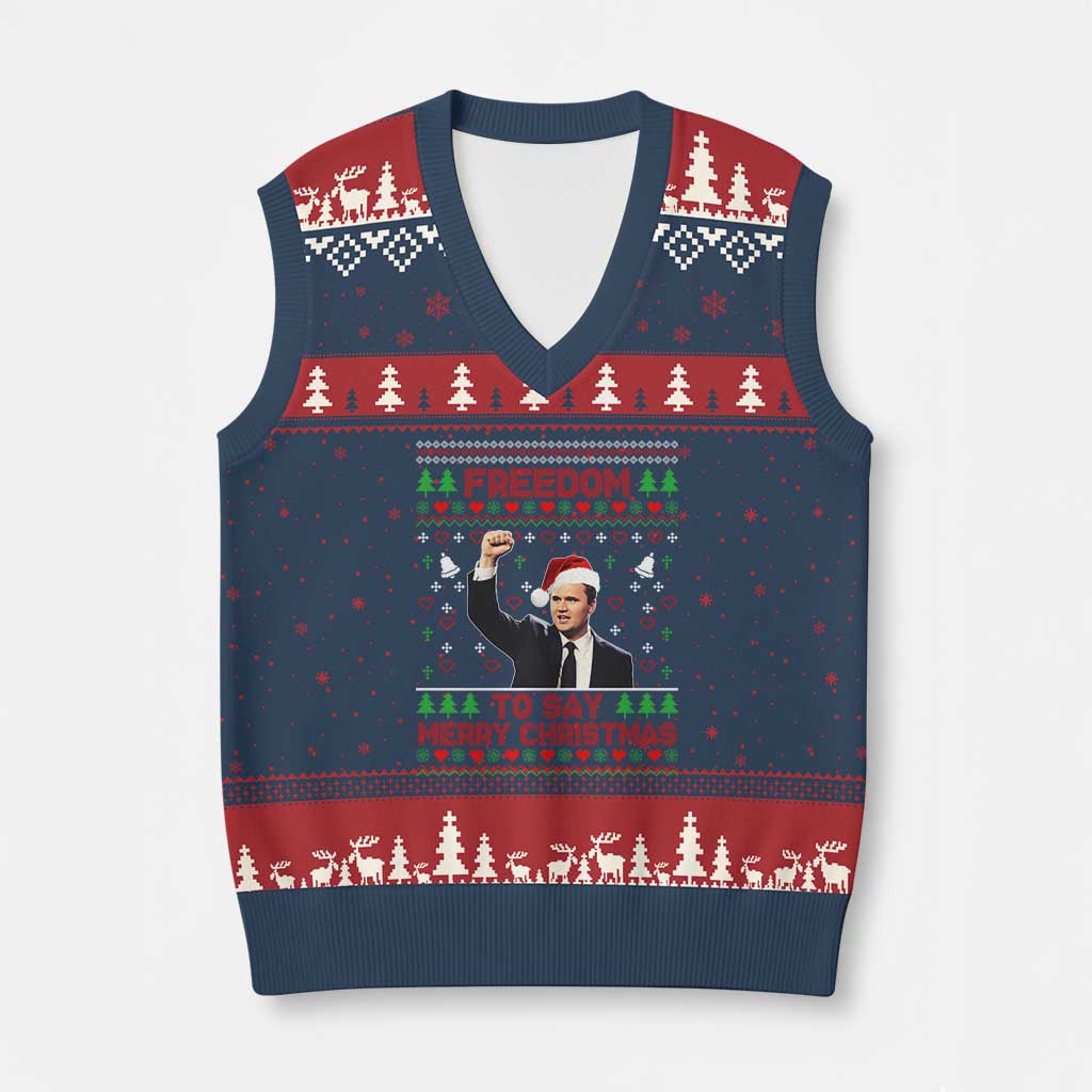 Charlie Kirk Xmas V-Neck Knit Sweater Vest Freedom To Say Merry Xmas - Wonder Print Shop