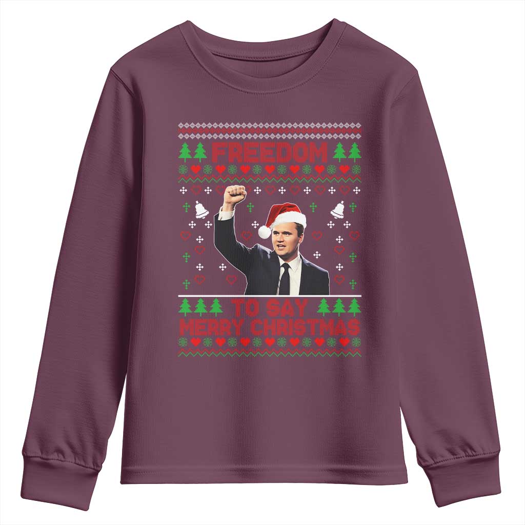 Charlie Kirk Christmas Youth Sweatshirt Freedom To Say Merry Christmas - Wonder Print Shop