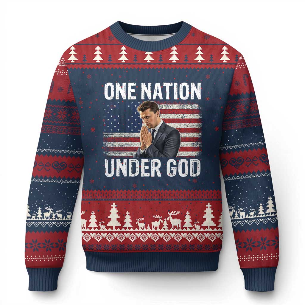 Charlie Kirk Christian Ugly Christmas Sweater One Nation Under God Patriotic Faith - Wonder Print Shop