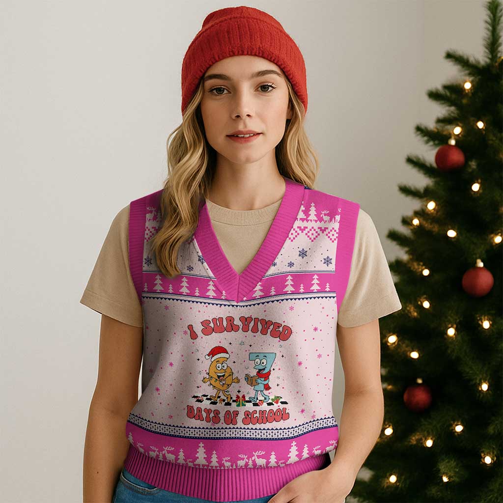 67 Six Seven Xmas Meme V-Neck Knit Sweater Vest I Survived Days Of School - Wonder Print Shop