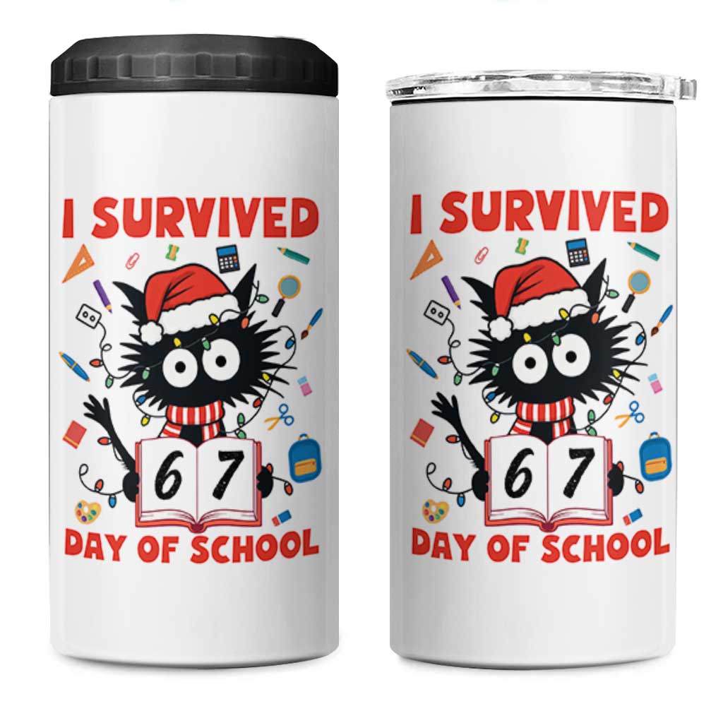 I Survived 67 Days Of School Cat Meme 4 in 1 Can Cooler Tumbler Funny Christmas Six Seven Meme - Wonder Print Shop
