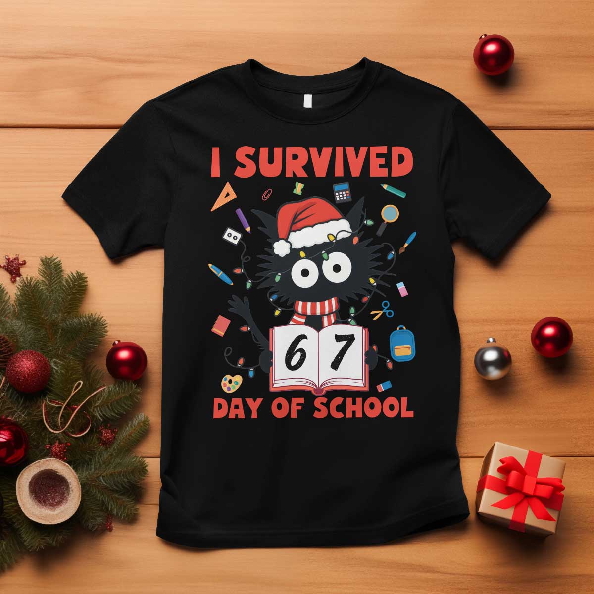 I Survived 67 Days Of School Cat Meme T Shirt Funny Christmas Six Seven Meme - Wonder Print Shop