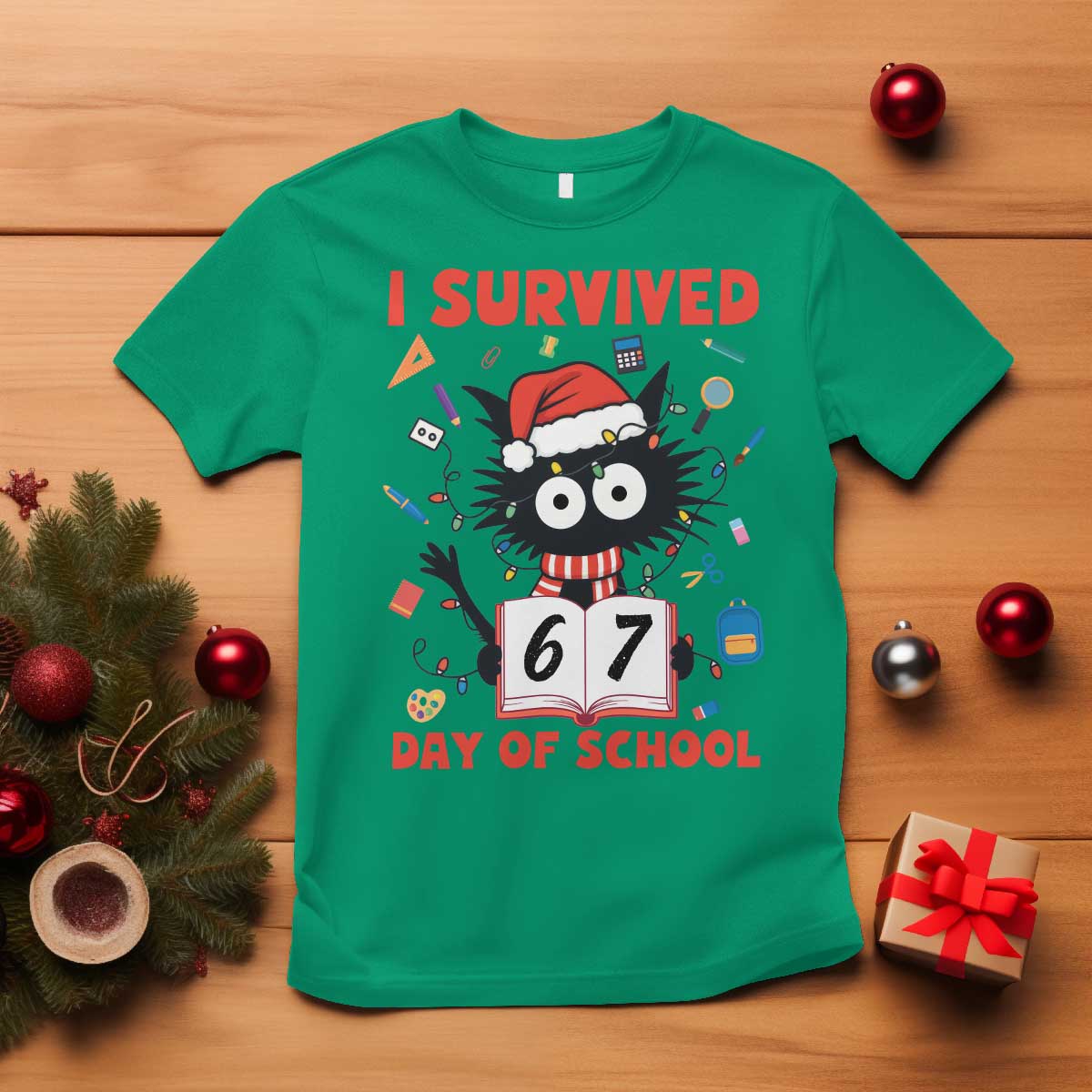 I Survived 67 Days Of School Cat Meme T Shirt Funny Christmas Six Seven Meme - Wonder Print Shop