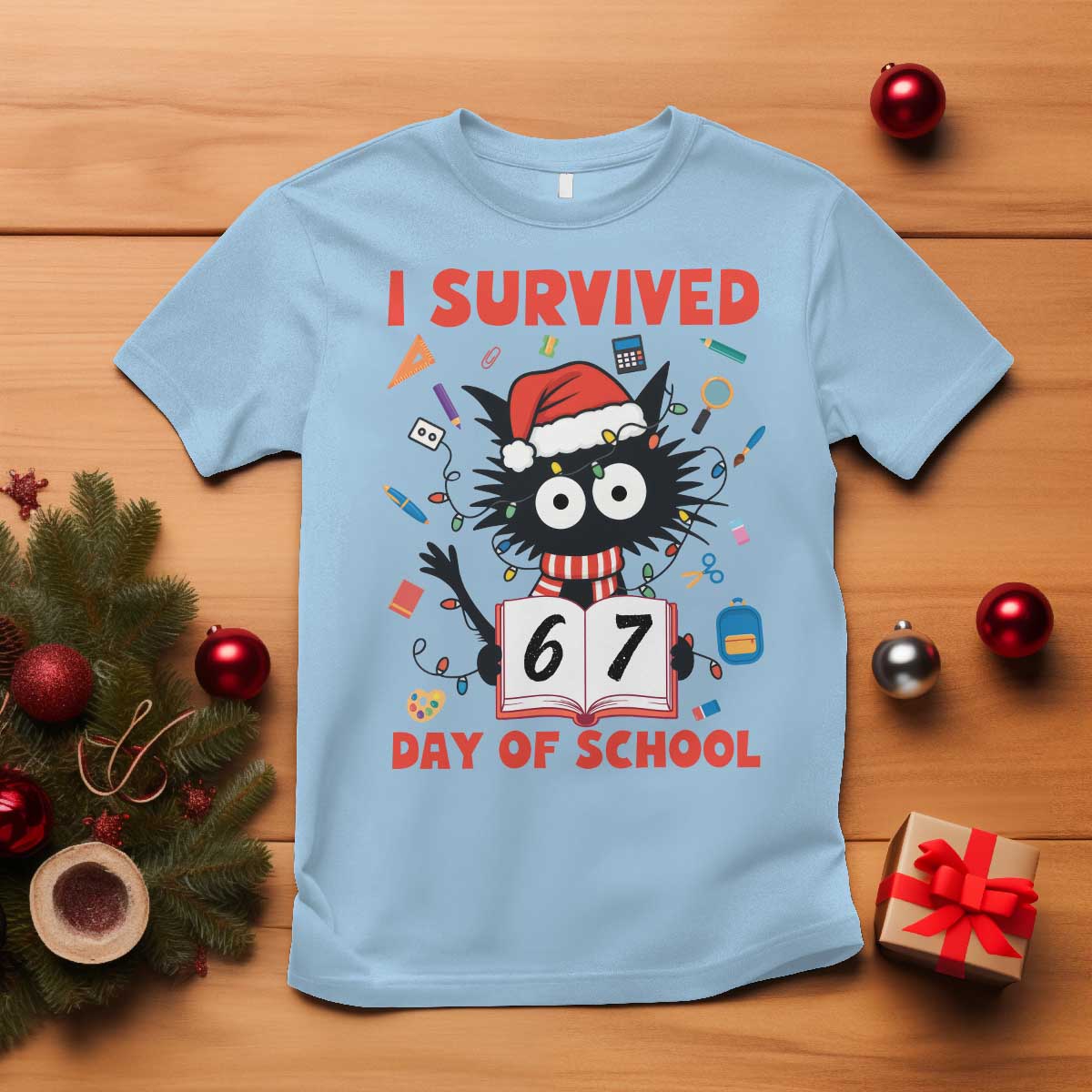 I Survived 67 Days Of School Cat Meme T Shirt Funny Christmas Six Seven Meme - Wonder Print Shop
