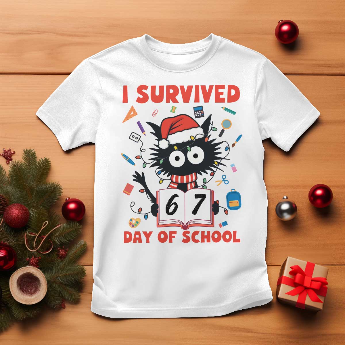 I Survived 67 Days Of School Cat Meme T Shirt Funny Christmas Six Seven Meme - Wonder Print Shop