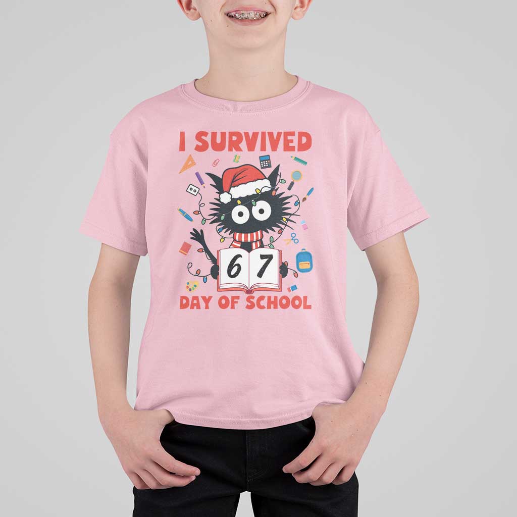 I Survived 67 Days Of School Cat Meme T Shirt For Kid Funny Christmas Six Seven Meme - Wonder Print Shop