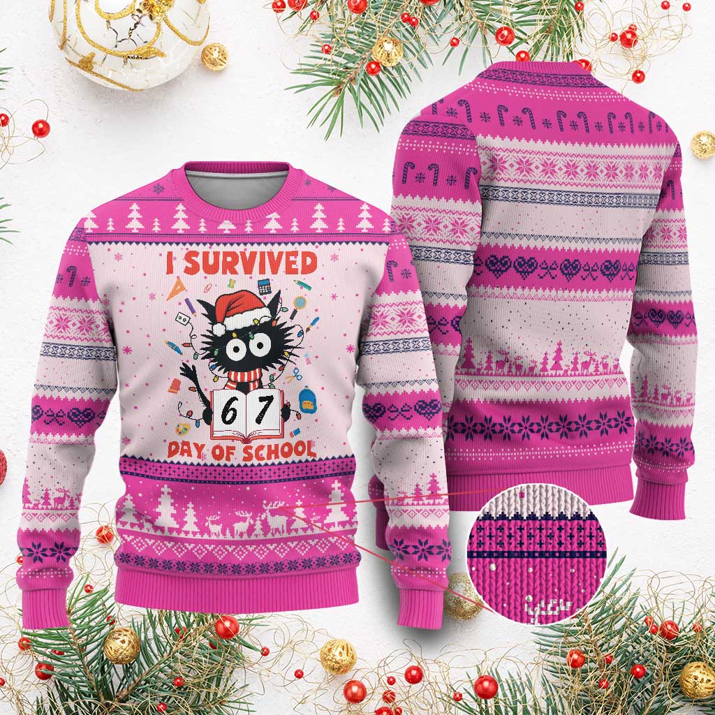 I Survived 67 Days Of School Cat Meme Ugly Christmas Sweater Funny Xmas Six Seven Meme - Wonder Print Shop