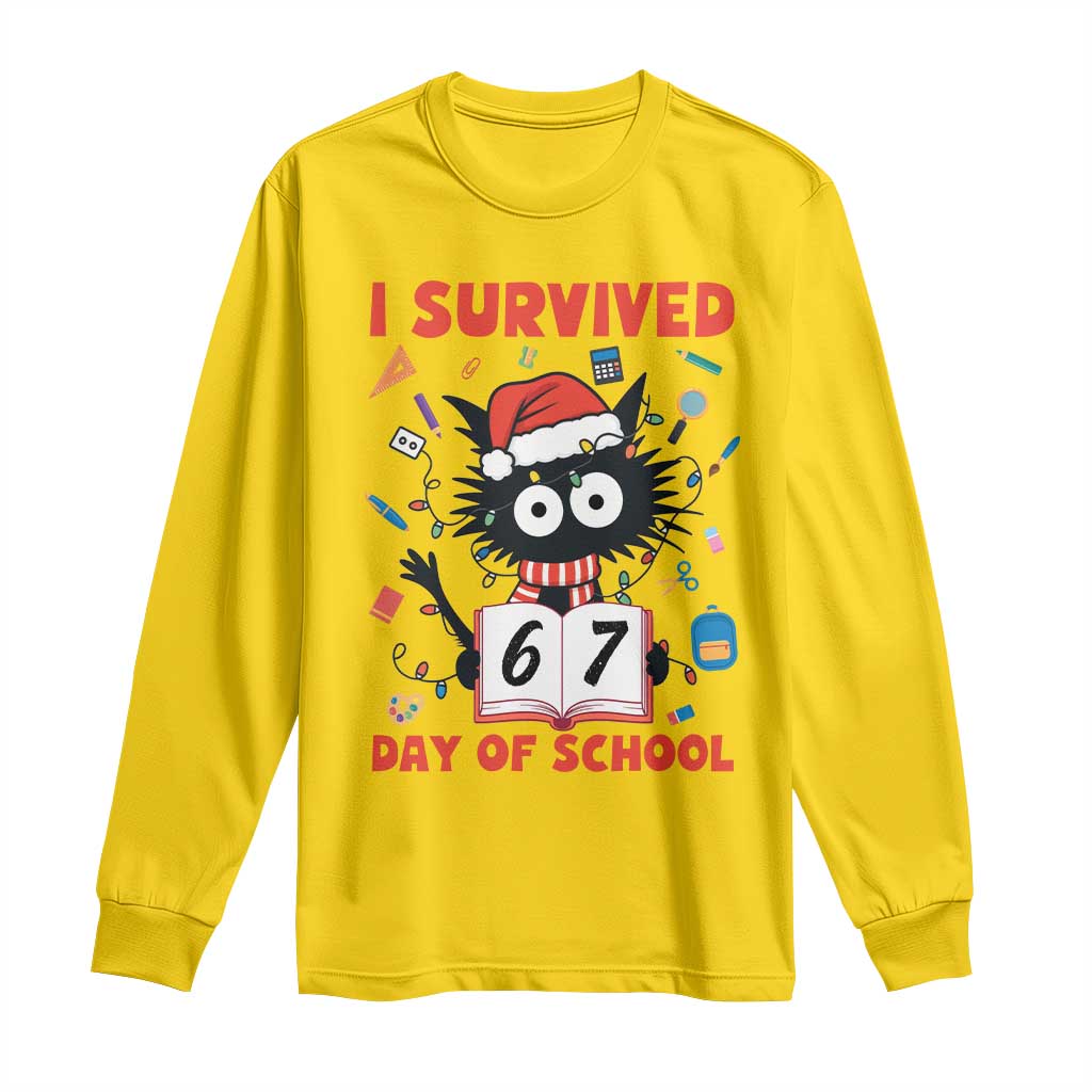 I Survived 67 Days Of School Cat Meme Long Sleeve Shirt Funny Christmas Six Seven Meme - Wonder Print Shop