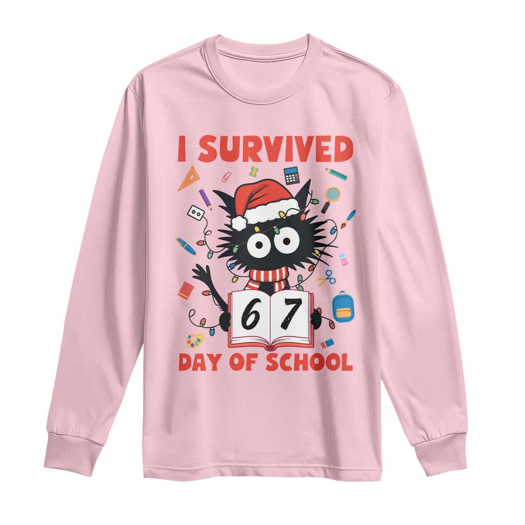 I Survived 67 Days Of School Cat Meme Long Sleeve Shirt Funny Christmas Six Seven Meme - Wonder Print Shop