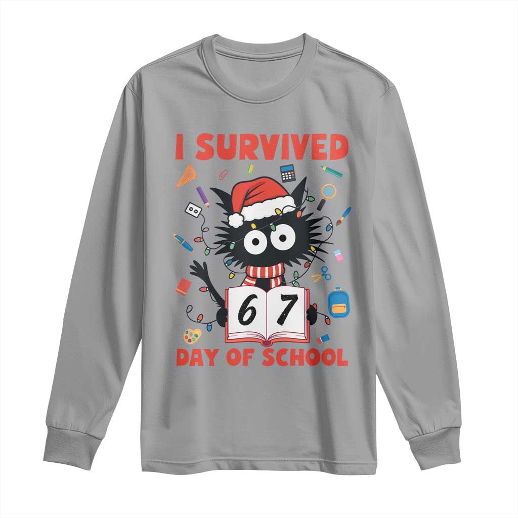 I Survived 67 Days Of School Cat Meme Long Sleeve Shirt Funny Christmas Six Seven Meme - Wonder Print Shop