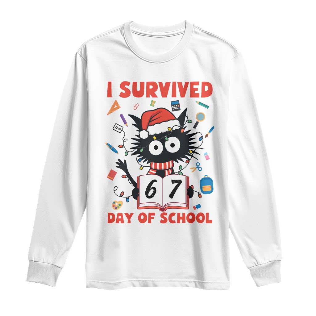 I Survived 67 Days Of School Cat Meme Long Sleeve Shirt Funny Christmas Six Seven Meme - Wonder Print Shop