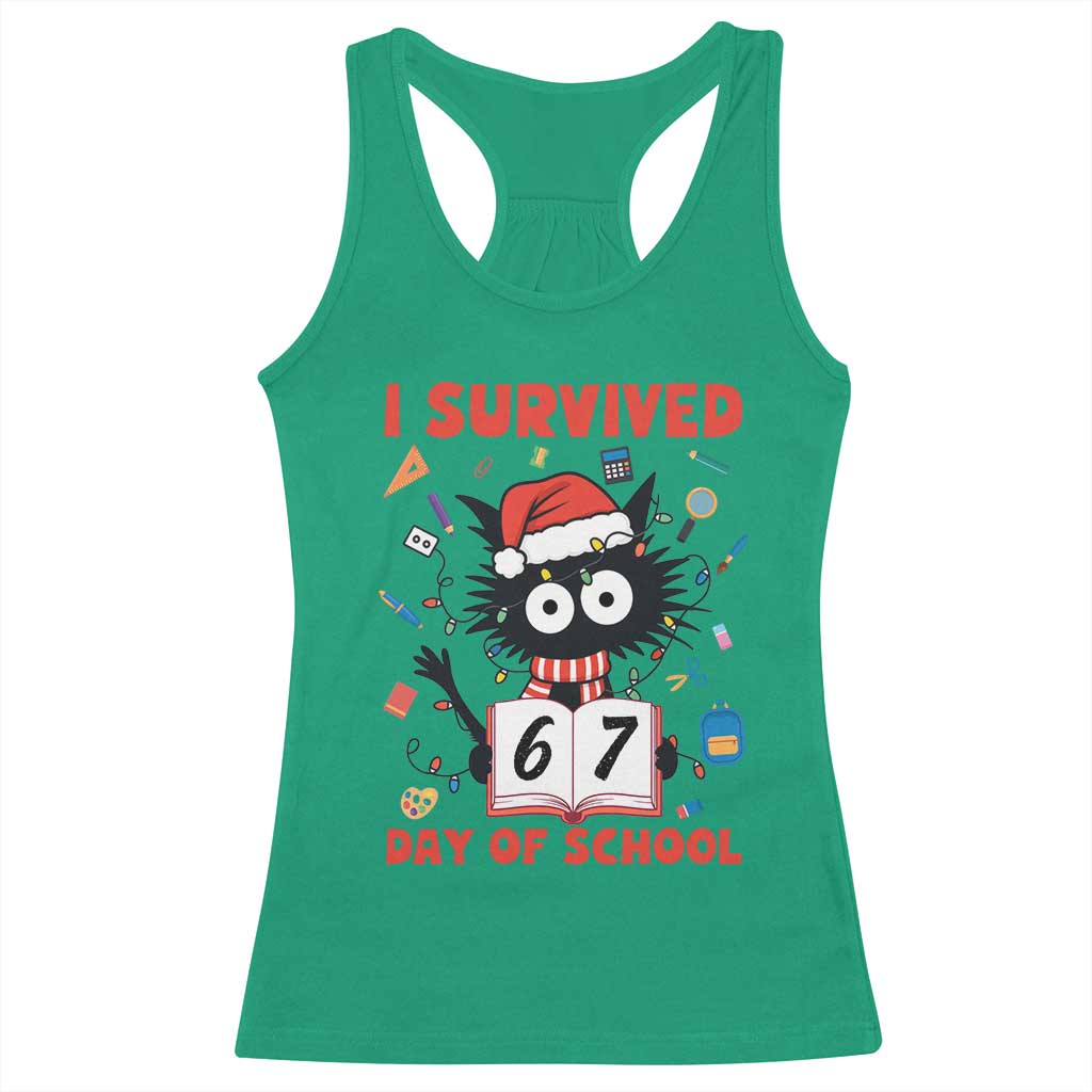 I Survived 67 Days Of School Cat Meme Racerback Tank Top Funny Christmas Six Seven Meme - Wonder Print Shop