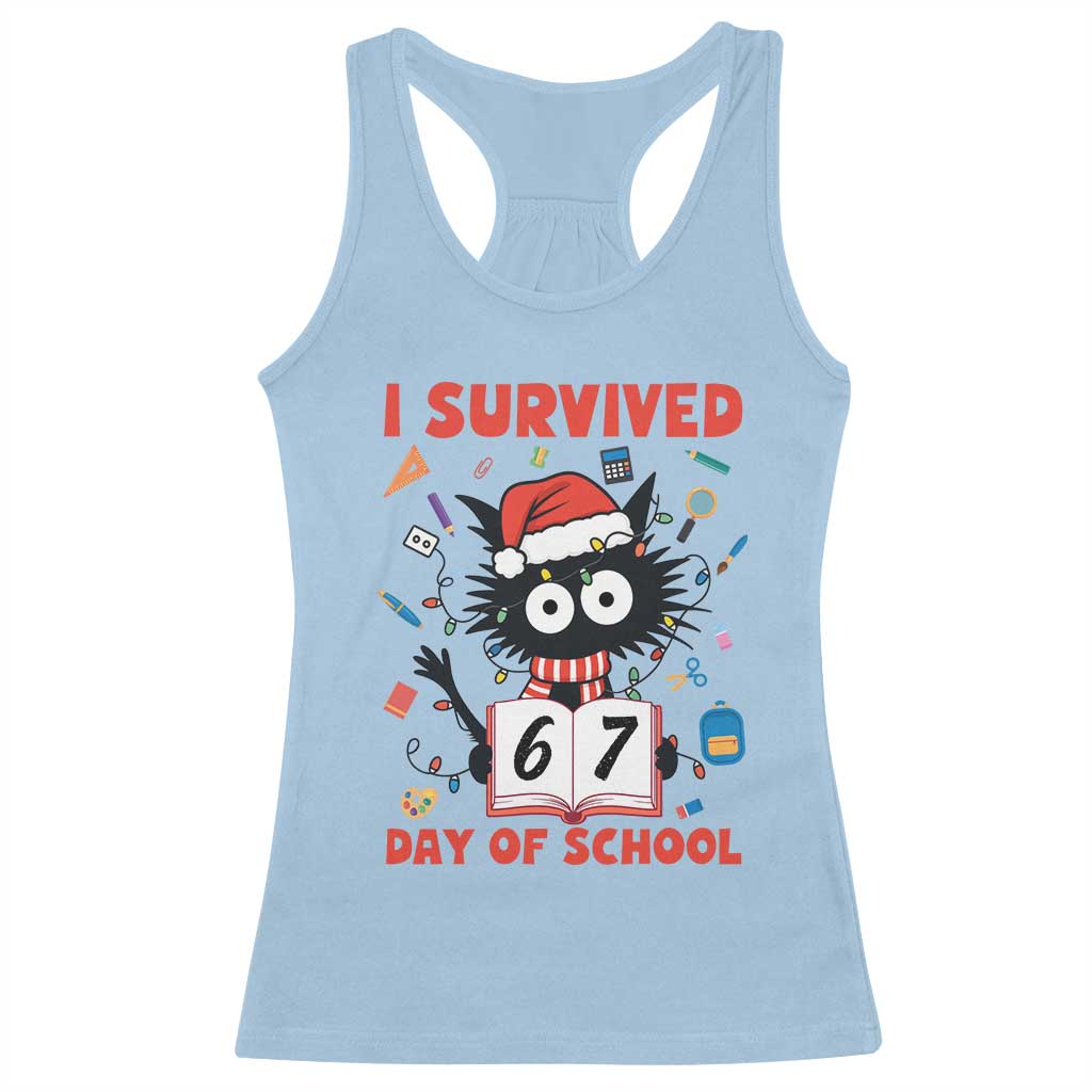 I Survived 67 Days Of School Cat Meme Racerback Tank Top Funny Christmas Six Seven Meme - Wonder Print Shop
