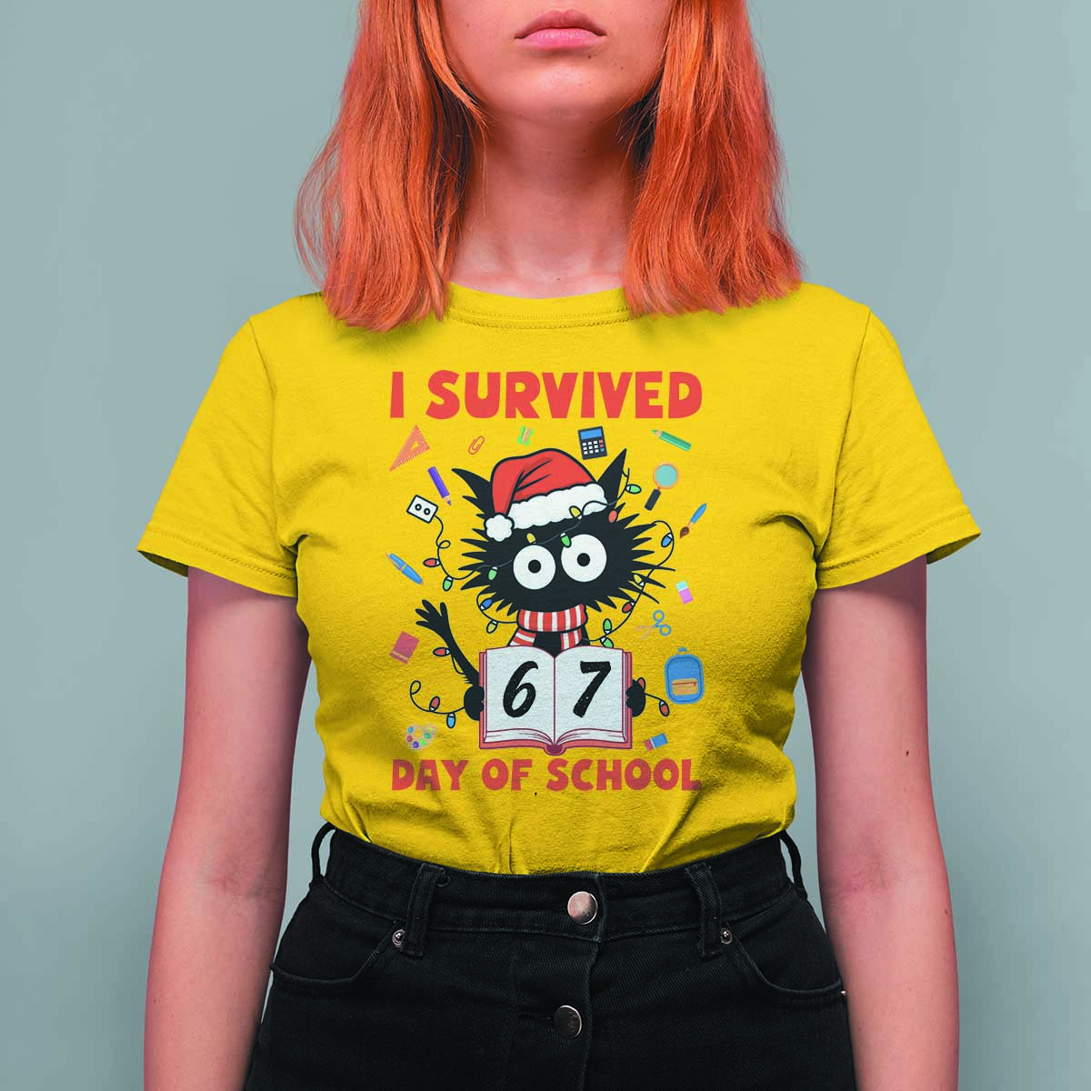 I Survived 67 Days Of School Cat Meme T Shirt For Women Funny Christmas Six Seven Meme - Wonder Print Shop