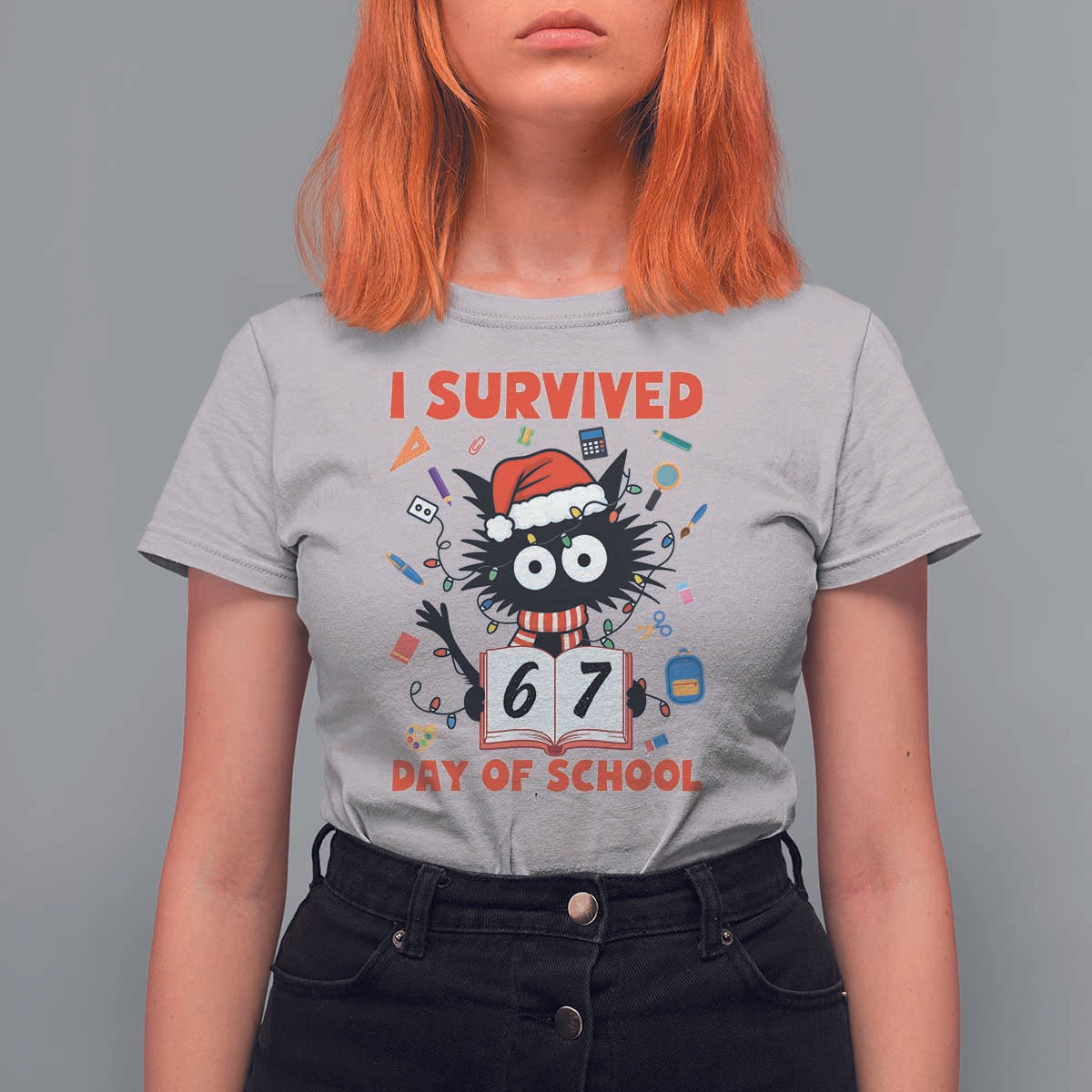 I Survived 67 Days Of School Cat Meme T Shirt For Women Funny Christmas Six Seven Meme - Wonder Print Shop