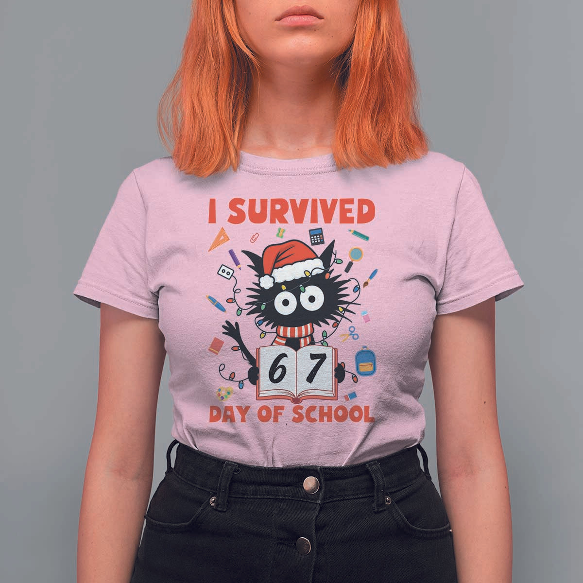 I Survived 67 Days Of School Cat Meme T Shirt For Women Funny Christmas Six Seven Meme - Wonder Print Shop