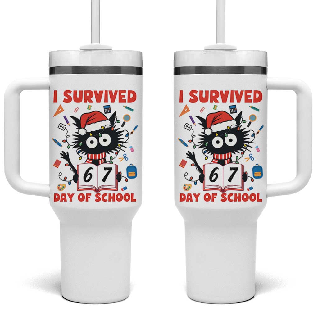 I Survived 67 Days Of School Cat Meme Tumbler With Handle Funny Christmas Six Seven Meme - Wonder Print Shop