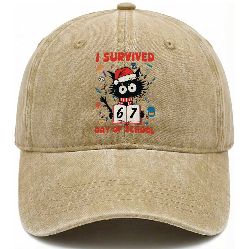 I Survived 67 Days Of School Cat Meme Washed Cotton Baseball Cap Funny Christmas Six Seven Meme