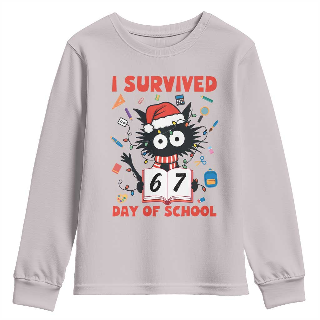 I Survived 67 Days Of School Cat Meme Youth Sweatshirt Funny Christmas Six Seven Meme - Wonder Print Shop