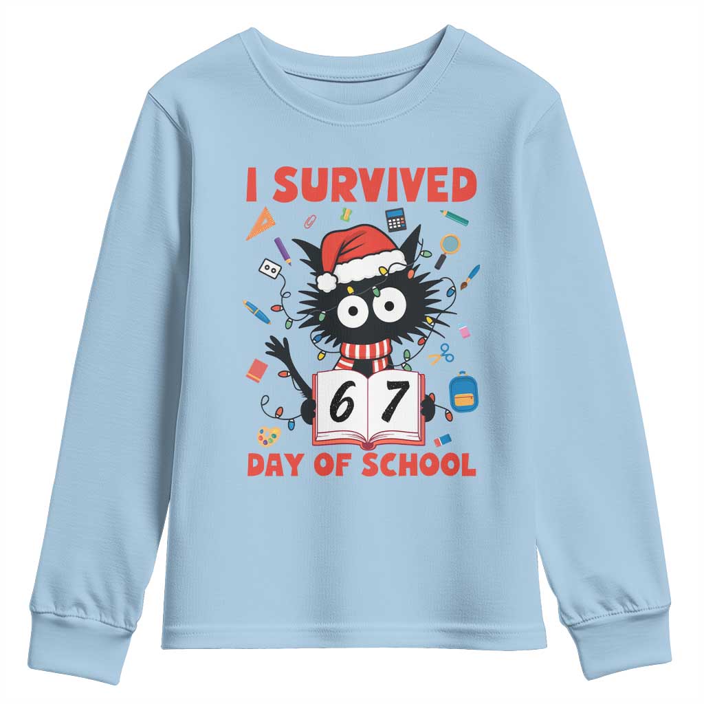 I Survived 67 Days Of School Cat Meme Youth Sweatshirt Funny Christmas Six Seven Meme - Wonder Print Shop