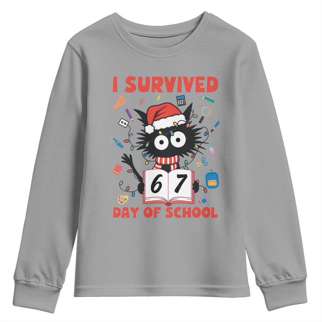 I Survived 67 Days Of School Cat Meme Youth Sweatshirt Funny Christmas Six Seven Meme - Wonder Print Shop
