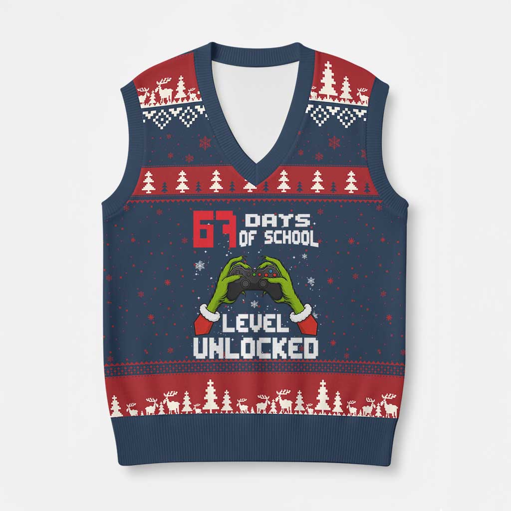 67 Six Seven Xmas Meme V-Neck Knit Sweater Vest Funny Elf Hand Video Game Xmas - Wonder Print Shop